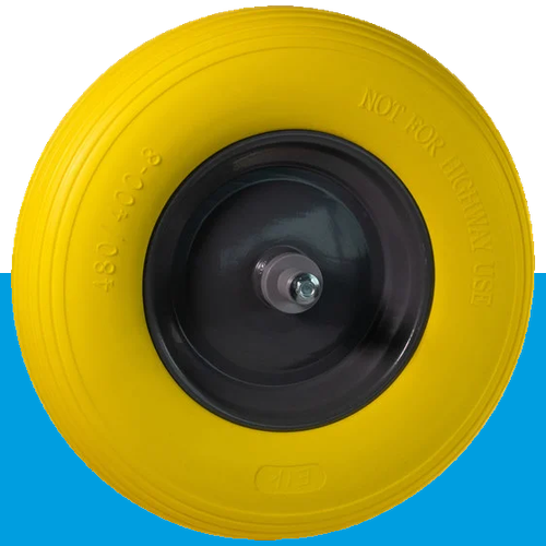 Kruiwagenwiel met gele foamband en metalen velg (aslengte 13 cm)