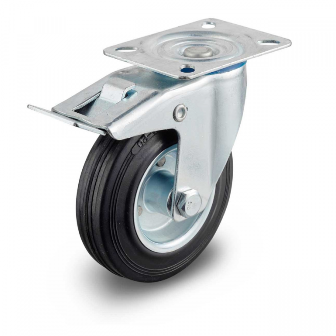 Zwenkwiel 100 mm rubber zwart met rollager en rem (70 kg) (bestelaritkel)